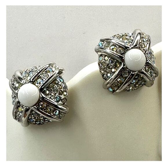 St. John silver tone and white square clip on earrings - Picture 5 of 10